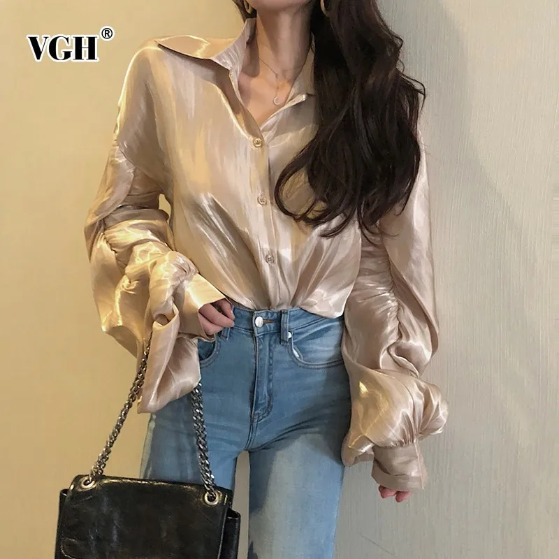 VGH Autumn Women's Shirts Blouse Tops Female Lapel Puff Sleeve Single Breasted Gold Blouses Women 2018 Fashion Korean New |