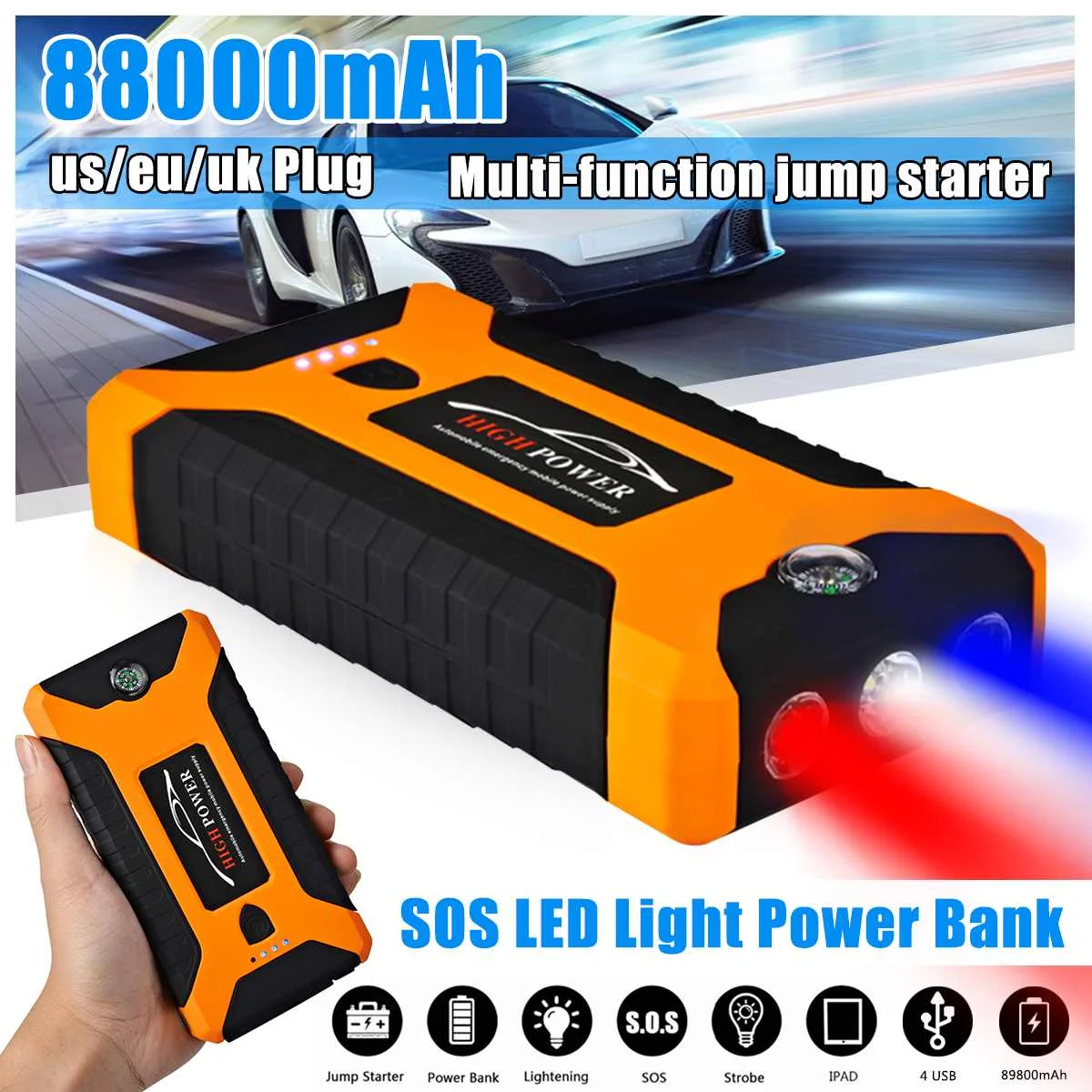 

88000mAh Super Power Car Jump Starter Power Bank 600A Portable Car Battery Charger Booster Charger 4USB 12V SOS Starting Device