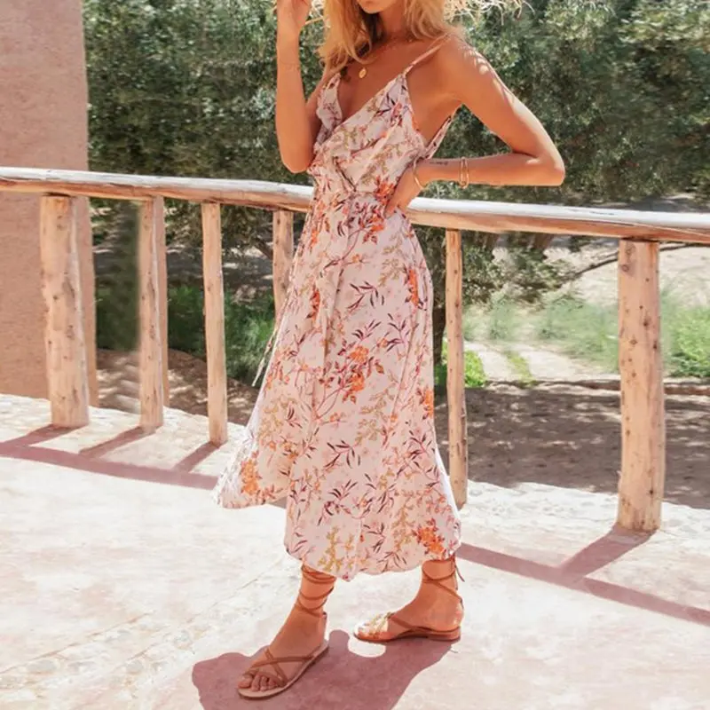 بوهو الكشكشة حمالة أنيقة الشاطئ اللباس النساء الأزهار طباعة فستان الشمس الصيف عميق V عارية الذراعين أنيقة عطلة الأزياء فساتين متوسطة الطول ف... بوهو الكشكشة حمالة أنيقة الشاطئ اللباس النساء الأزهار طباعة فستان الشمس الصيف عميق V عارية الذراعين أنيقة عطلة الأزياء فساتين متوسطة الطول ف...