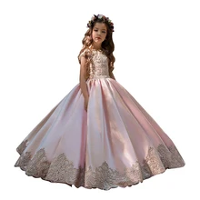 Pink Little Girls Pageant Dress Cap Sleeves Applique Kids Evening Ball Gowns Wedding Party First Communion Flower Girl Dresses lovely little girls birthday dress flower girl dresses short sleeves ball gown button applique lace first communion gowns