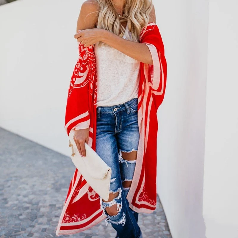 

New Women Boho Floral Chiffon Kimono Cardigan Print Beach Cover Up Coat Loose Tops Casual Beachwear
