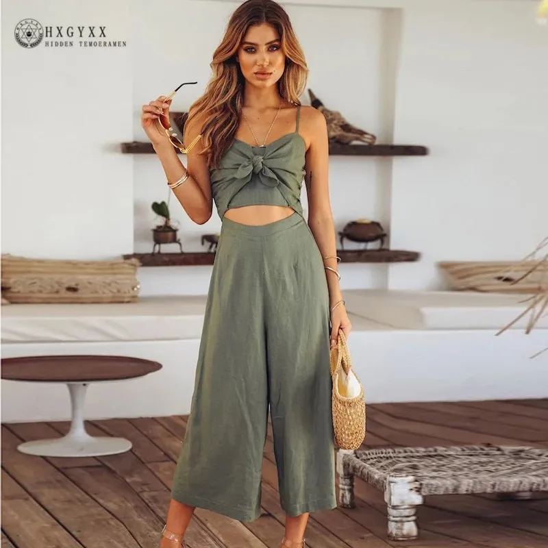 

Cotton Sexy Hollow Out Bandage Jumpsuit Women Sleeveless Backless Loose Rompers Boho Overalls Summer Party Playsuit 2019 Okd849