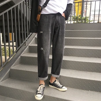 

Spring New Black Jeans Men Fashion Washed Retro Casual Denim Pants Man Streetwear Hip Hop Loose Torn Holes Cowboy Trousers Male