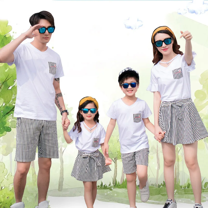 

2019 Summer Style Family Clothing Cotton T-shirt Striped Short Pants Women Girl Skirt Father Son Mother Daughter Clothes Set