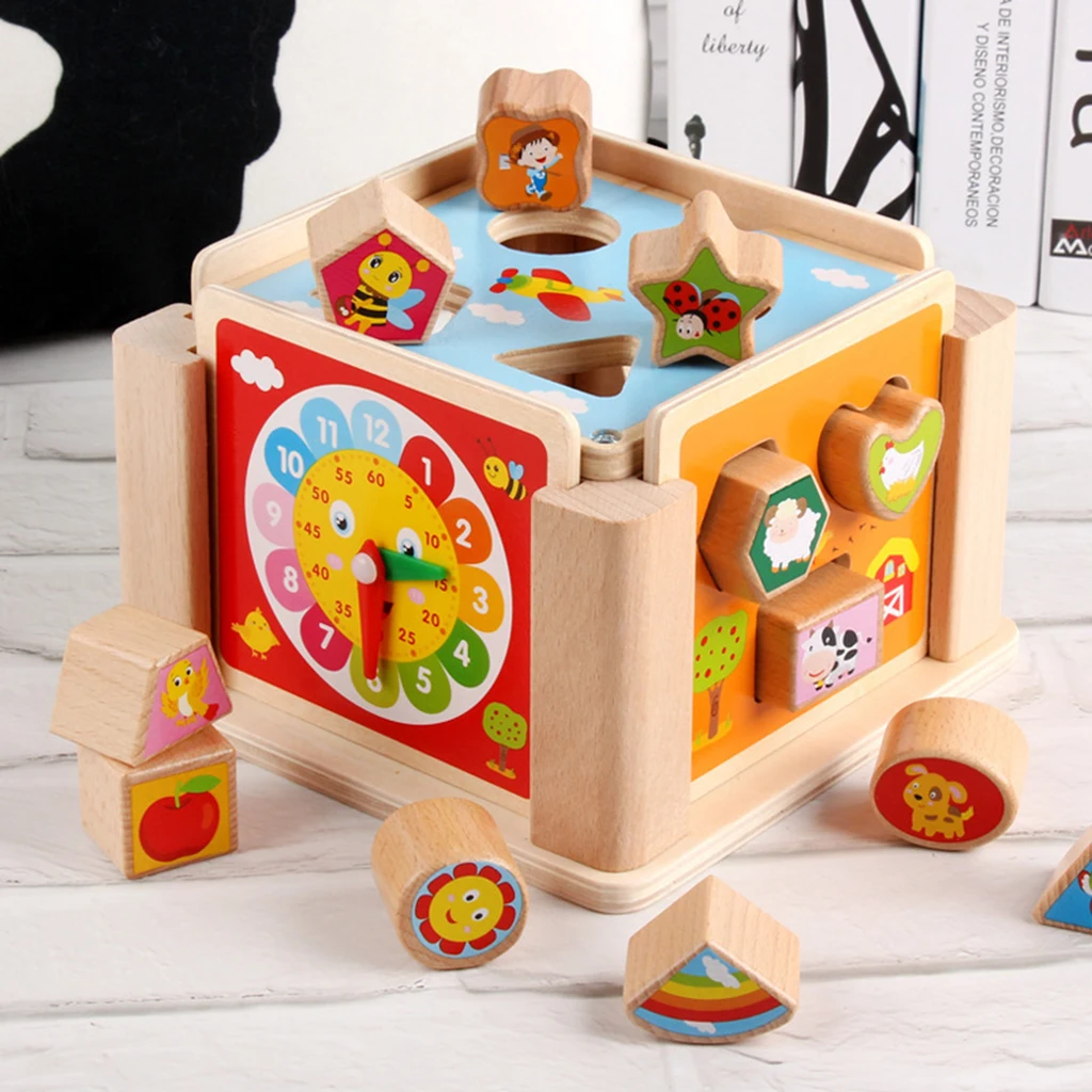  Wooden Shape Sorting Box - Baby Geometric Building Block & Teaching Clock Toys Early Geometric Shap - 32957206685