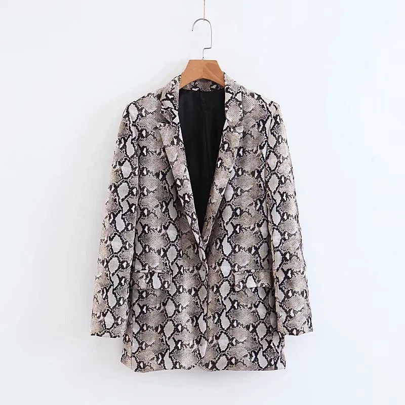 

2019 Spring Korean Women's Snake Print Suit Jacket Linen Long Sleeve Harajuku Female Office Wear Blazer For Ladies Elegant Top