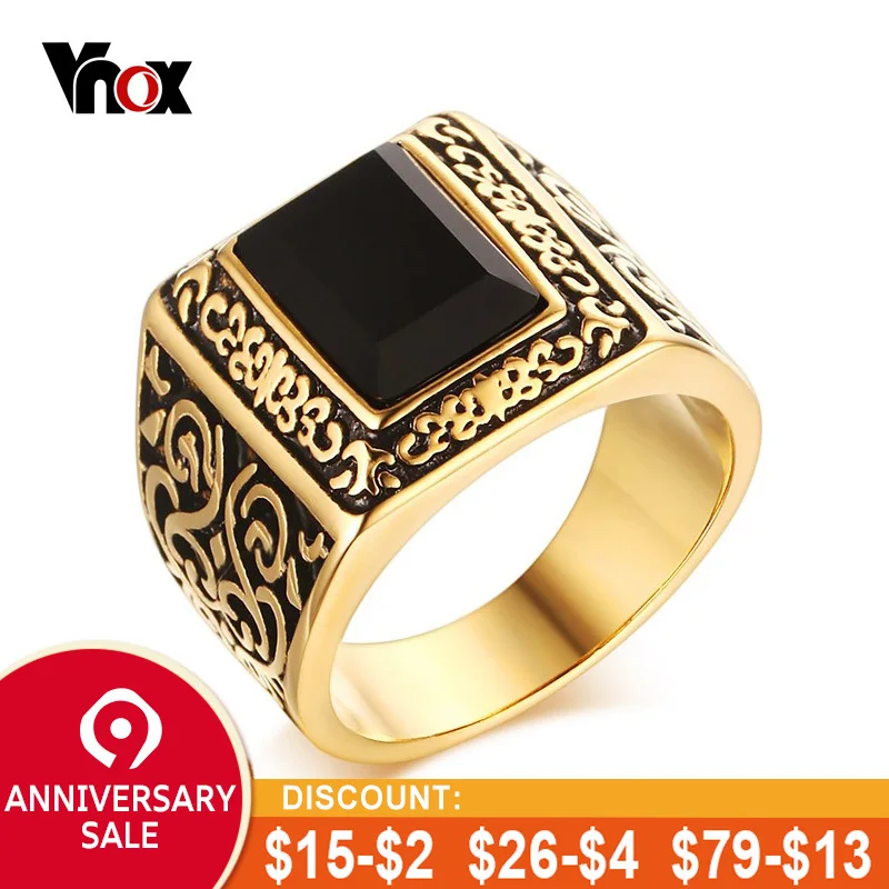

Vnox Vintage Gold-color Men Engagement Rings Stainless Steel Black Stone Personalized Wedding Rings for Men Jewelry