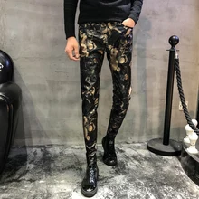 Высокое качество Новые осенние цветочные повседневные брюки мужские Slim Fit Pu брюки мужские streetwea