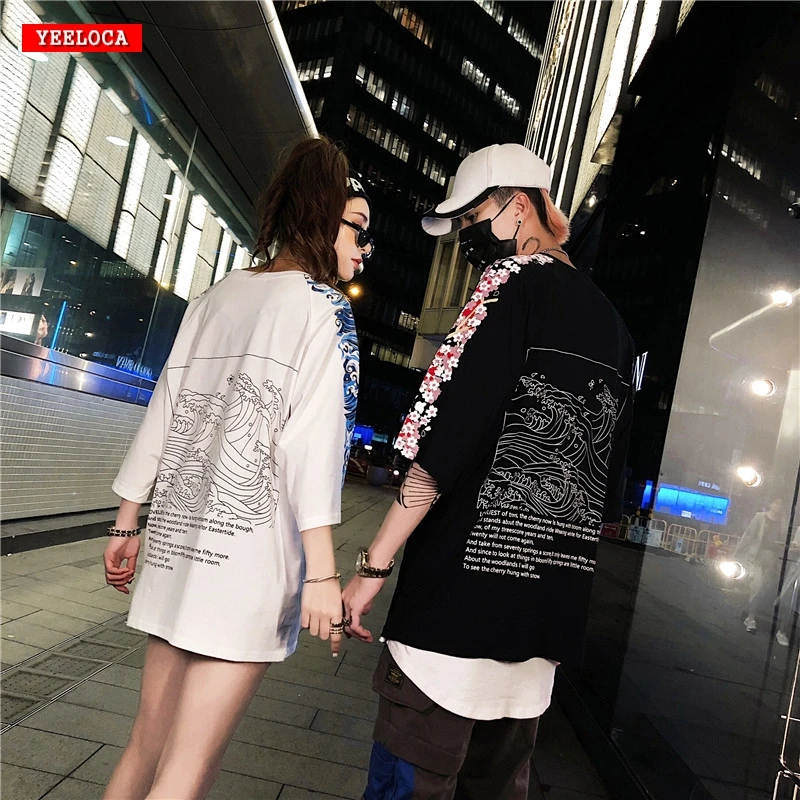 2019 летняя новая рубашка с короткими рукавами и принтом волн вишни Повседневная