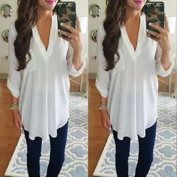 

Plus Size 5xl Fashion Autumn Chiffon Pockets Shirt Women Casual Solid V-neck Long Sleeve Loose Shirt Ladies Blouse Top