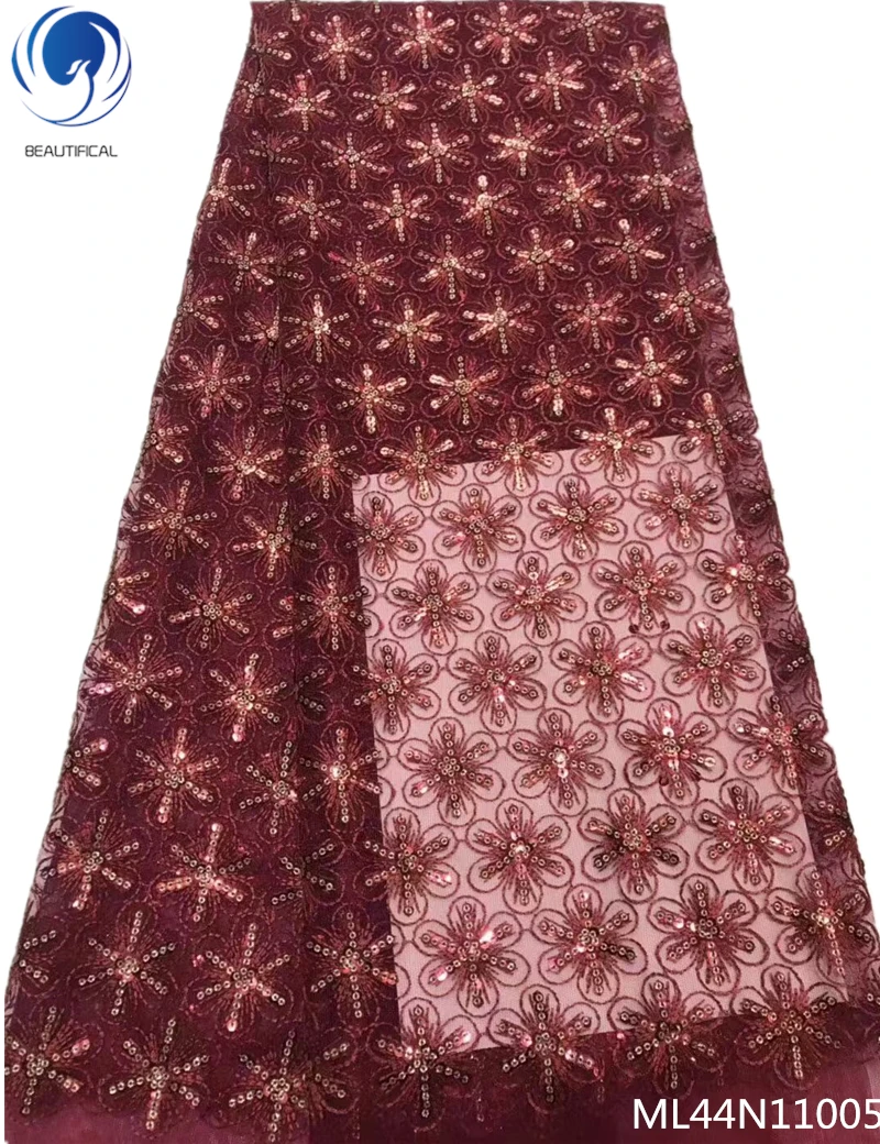 

Beautifical mesh lace fabric sequin lace dress 5 yards sequin glitter lace fabric wine red color hot sales for clothes ML44N110