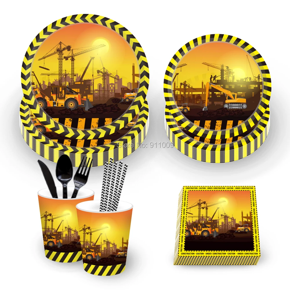 

Excavator Construct Theme Birthday Party Favor Disposable Tableware Sets Cartoon Car Kid's Party Decorations Supplies