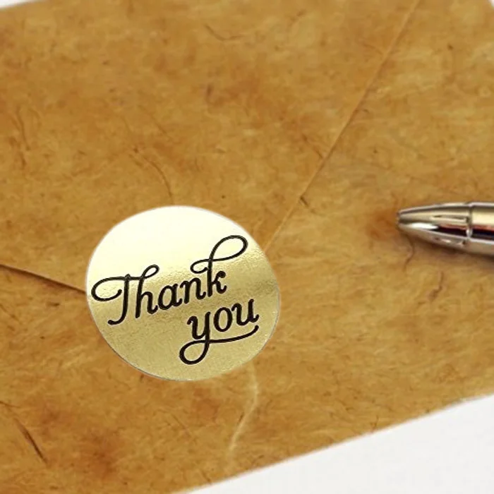 1 Inch Round Gold Foil Thank You Sticker Labels In Script/Calligraphy Print, 500 Labels Per Roll