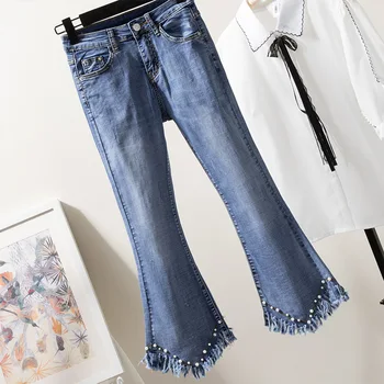 

2019 Spring New Product Cowboy Nine Part Pants Nail Pearl Flash Tiny Casual Bell-bottoms Woman