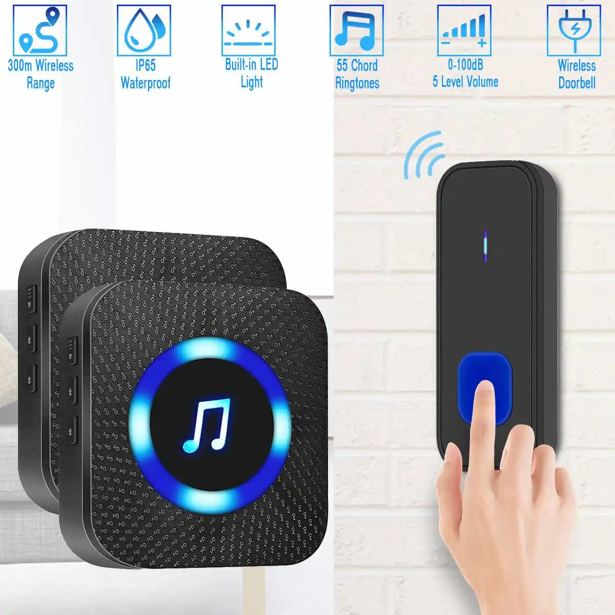 

UK/EU/US Plug Wireless LED Flash Waterproof Door Bell Cordless 300M Range 55 Chime Doorbell for Villas Hotels Schools 5-level
