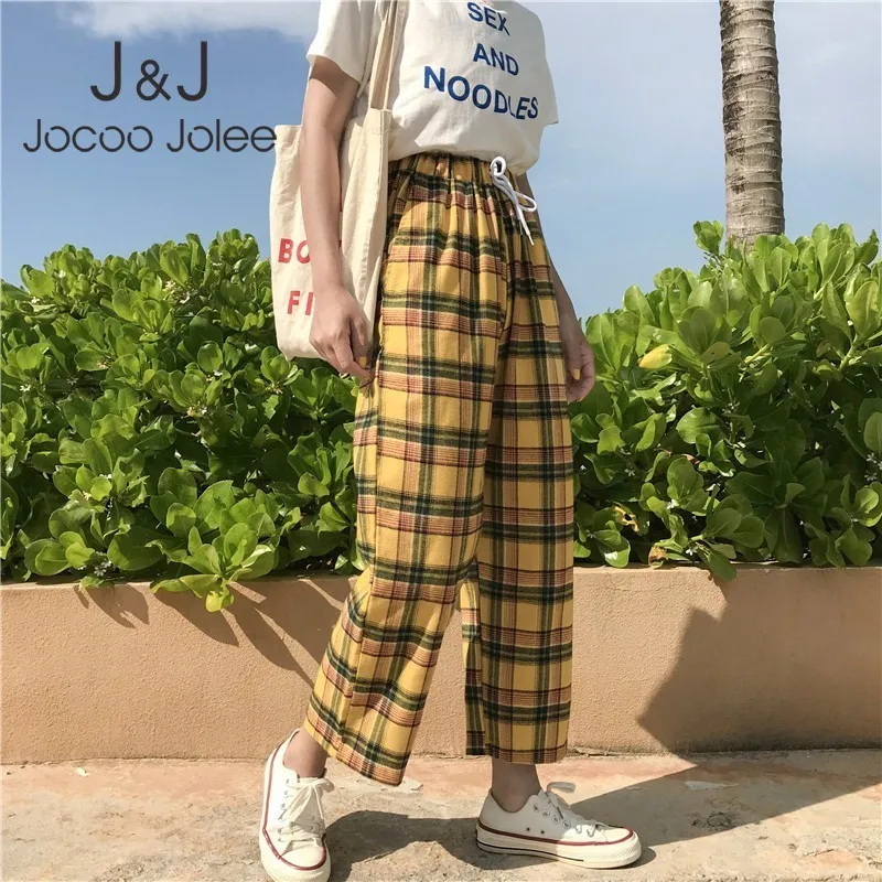 

Jocoo Jolee 2019 Summer Vintage Yellow Plaid Wide Leg Pants Women Casual Japanese Harajuku Drawstring Loose Ankle Length Pants