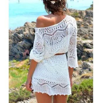 

Summer Sexy Lace Crochet Beach Dress Women White See Through Swimwear Swimsuit Cover Up Mini Dress