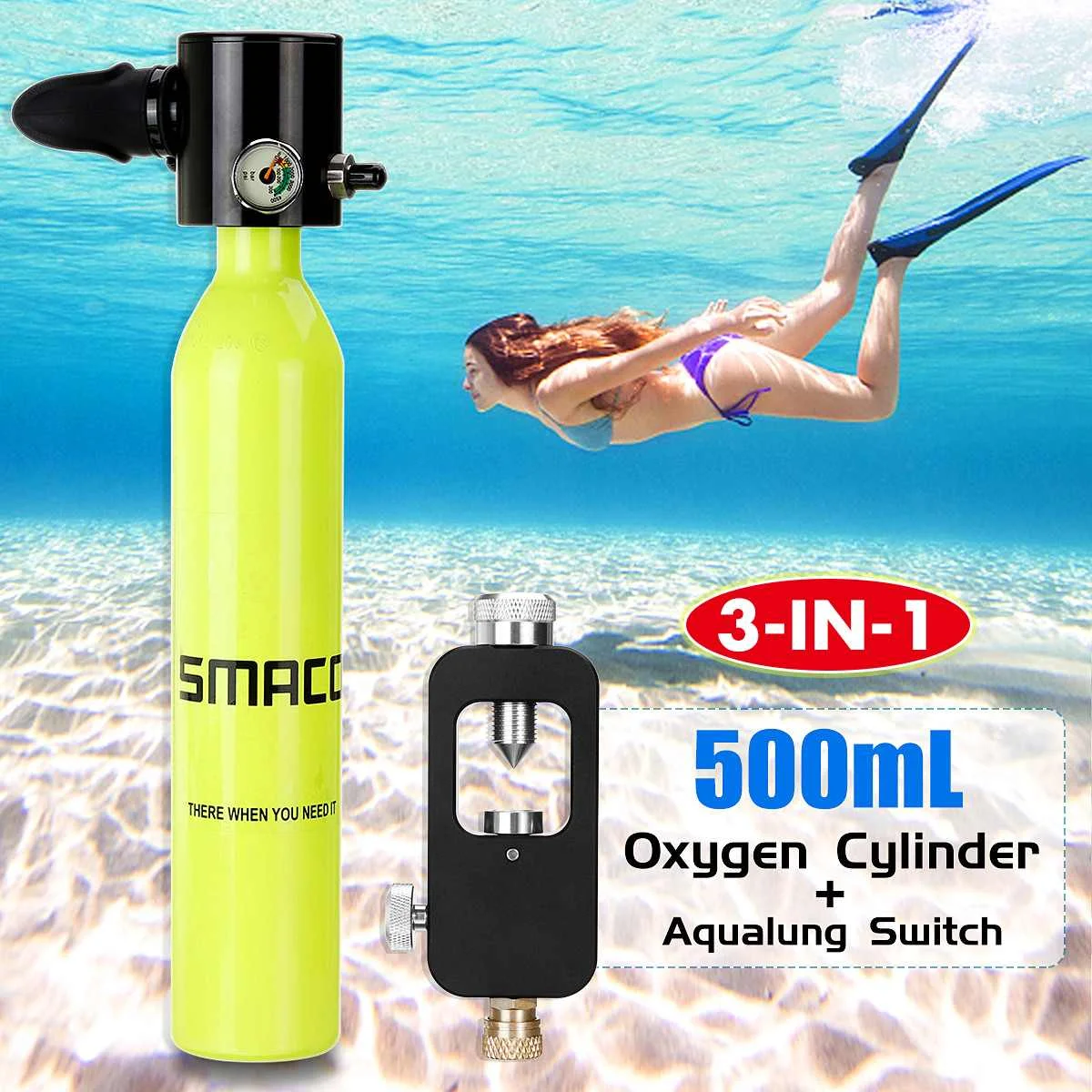 

500ML Smaco Portable Diving Equipment Oxygen Cylinder Mini Scuba Oxygen Tank High Pressure Air Oxygen Tank Diving Breathe Gear
