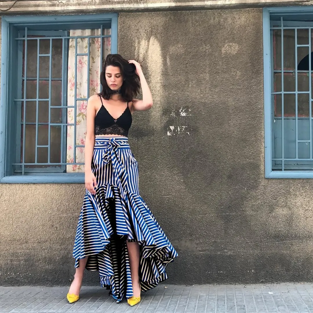 Women Ruffle Long Skirt Blue Striped Irregular High Waist Asymmetrical Skirts Boho Bow Tie