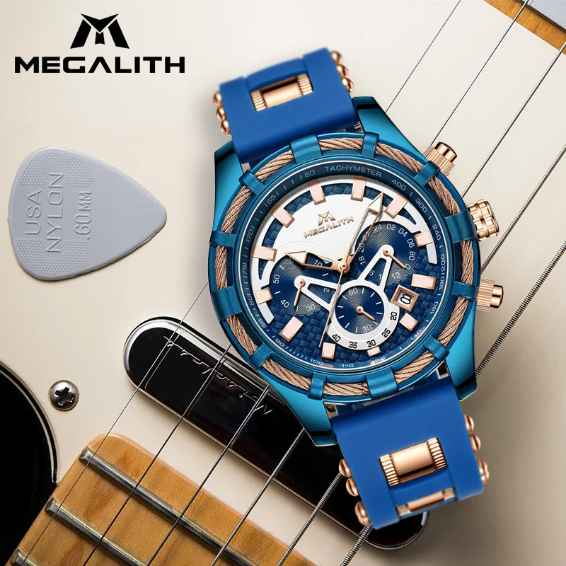 MEGALITH Роскошные мужские часы водонепроницаемый спортивный хронограф кварцевые наручные часы синий силиконовый ремешок часы Relogio Masculino