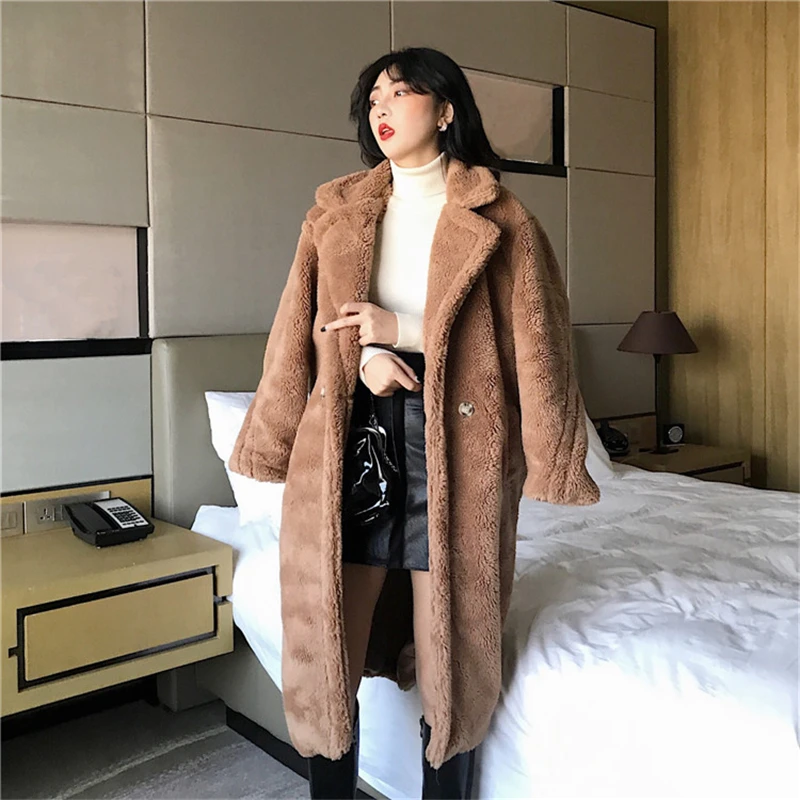 2018 Winter New Long Warm Coat Teddy Bear Faux Fur Women Coat With Pocket Camel Thicken Warm Plush Overcoat