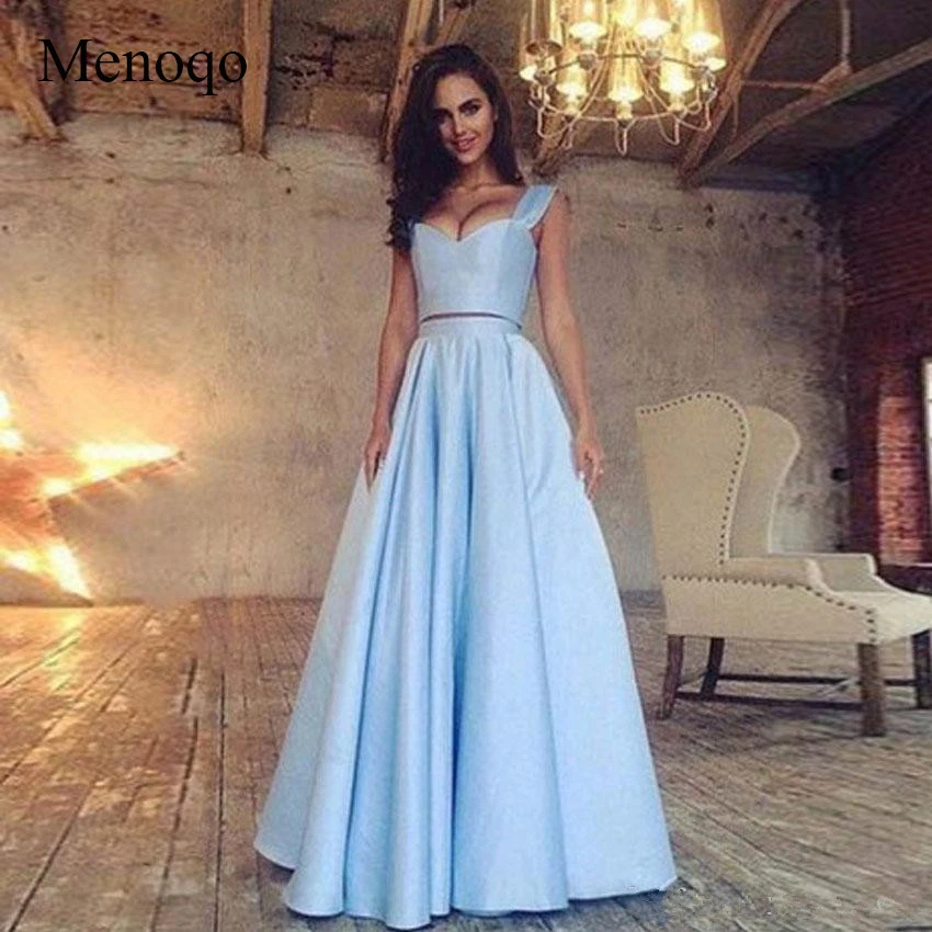 

Menoqo Simple 2 Piece Satin Prom Dresses Sweetheart Summer Beach Party gown Light Sky Blue Black Homecoming Dresses
