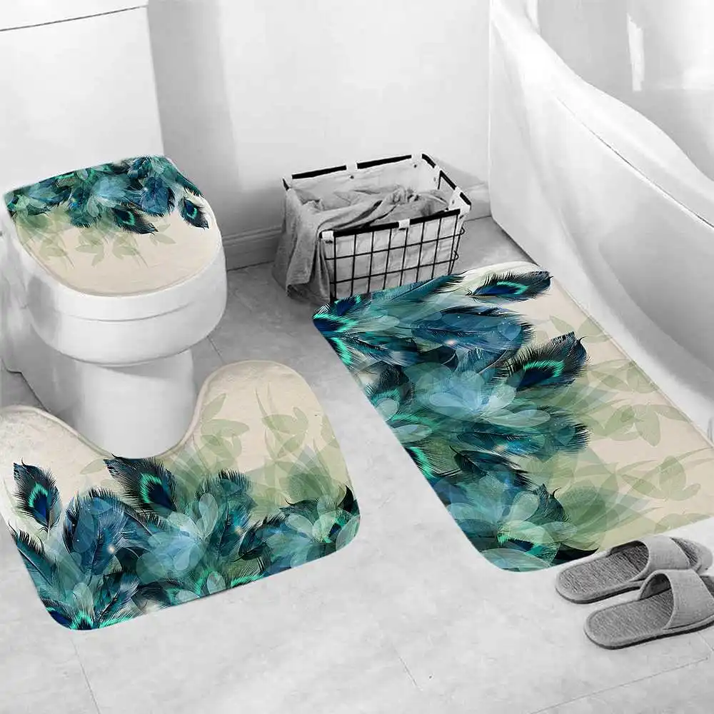 

3pcs Toilet Rug Lid Cover Bath Mats Set Anti-Slip Bathroom Peacock Feather Toilet Mats Sets Dust Collection Non-slip Dries Fast