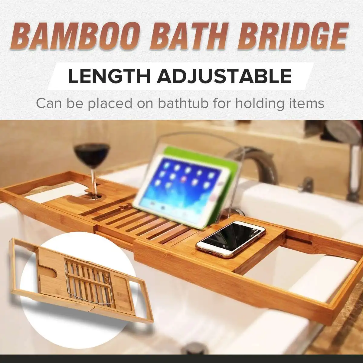 Adjustable Bathroom Shelf Bathtub Tray Shower Caddy Bamboo Bath Tub