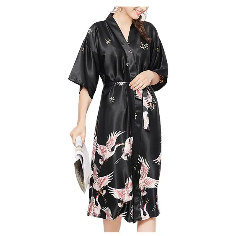 Women's Silk Robe Wedding Female Pajamas Long Red Night Robe Home