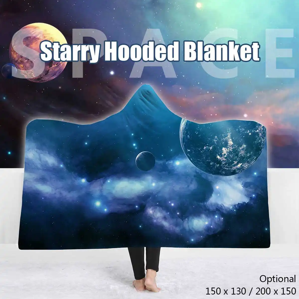 

Winter Warm Bed Blankets 3D Digital Print Universe Planet Hooded Blanket Cloak Thick Double-layered Plush Wrap Wearable Blanket