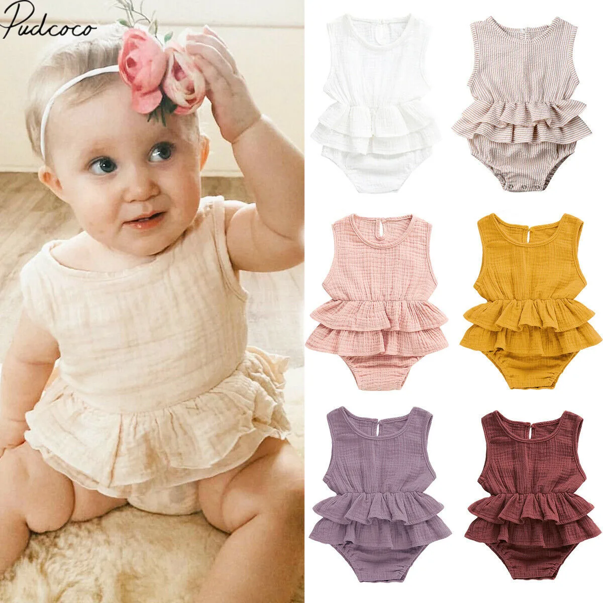 

2019 Brand New Newborn Kids Baby Girls Striped Cotton Bodysuits Ruffled Clothes Sleeveless Tutu Dress Cotton&Linen Outfit 0-24M