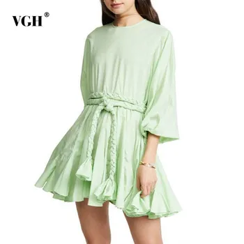 

VGH Casual Solid Pleated Dress For Women O Neck Lantern Sleeve Bandage High Waist Mini Dresses Female Fashion New 2020 Spring