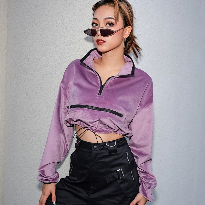 

SUCHCUTE Turtleneck Velvet Sweatshirt Women Korean Fashion Pink Cropped Hoodie Casual Long Sleeve Crop Top Pullovers Autumn