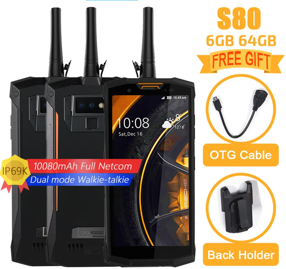 

DOOGEE S80 Mobile Phone IP68/IP69K Walkie talkie Wireless Charge NFC 10080mAh 12V2A 5.99 FHD Helio P23 Octa Core 6GB 64GB 16.0M