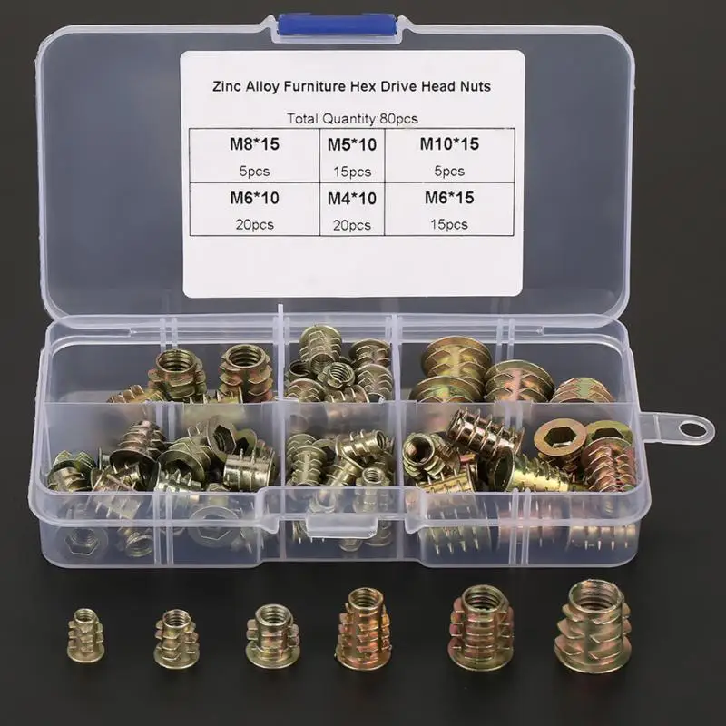 80Pcs M4/M5/M6/M8/M10 External Thread Insert Nut Zinc Alloy Screw-in Type Hex Drive Head Furniture Wood Machine Fastener | Обустройство