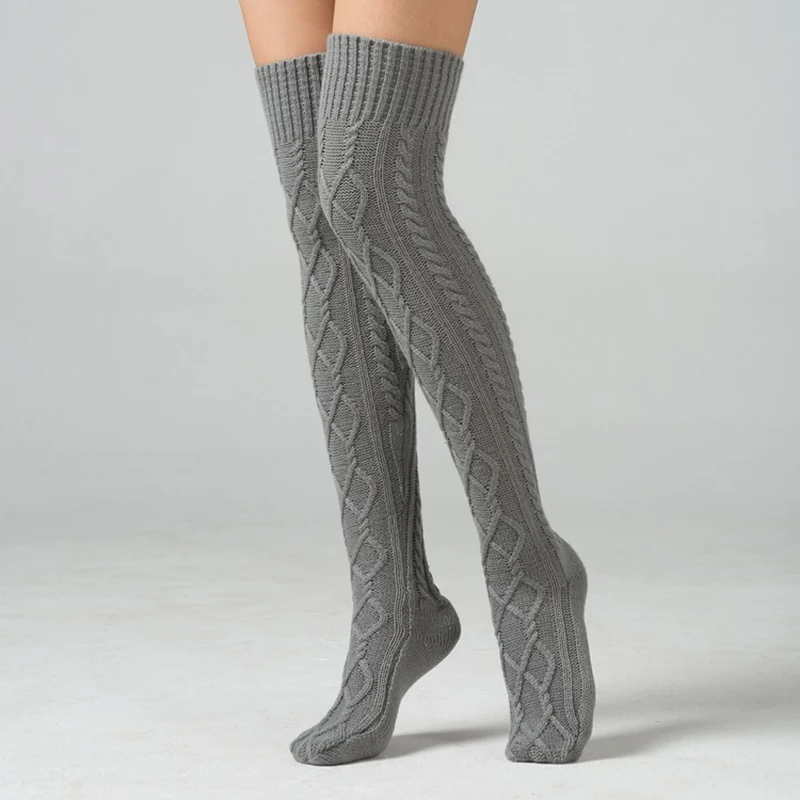 Autumn Winter Knitted Women Sexy Stockings Knitting Wool Diamond Shape Knee Thigh High Women