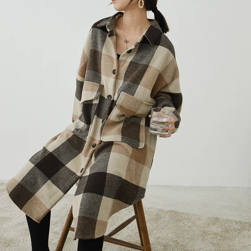 [EAM] 2019 New Spring Winter Lapel Long Sleeve Black Plaid Printed Big Size Long Woolen Coat Women Parkas Fashion Tide JL3710
