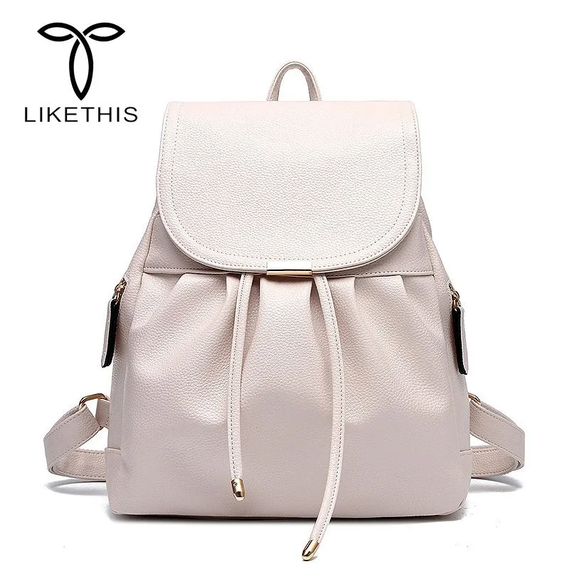 

LIKETHIS High Quality PU Leather School Bag Women Backpack For Teenager Girls Large Capacity 2018 Solid Drawstring Zaino Donna
