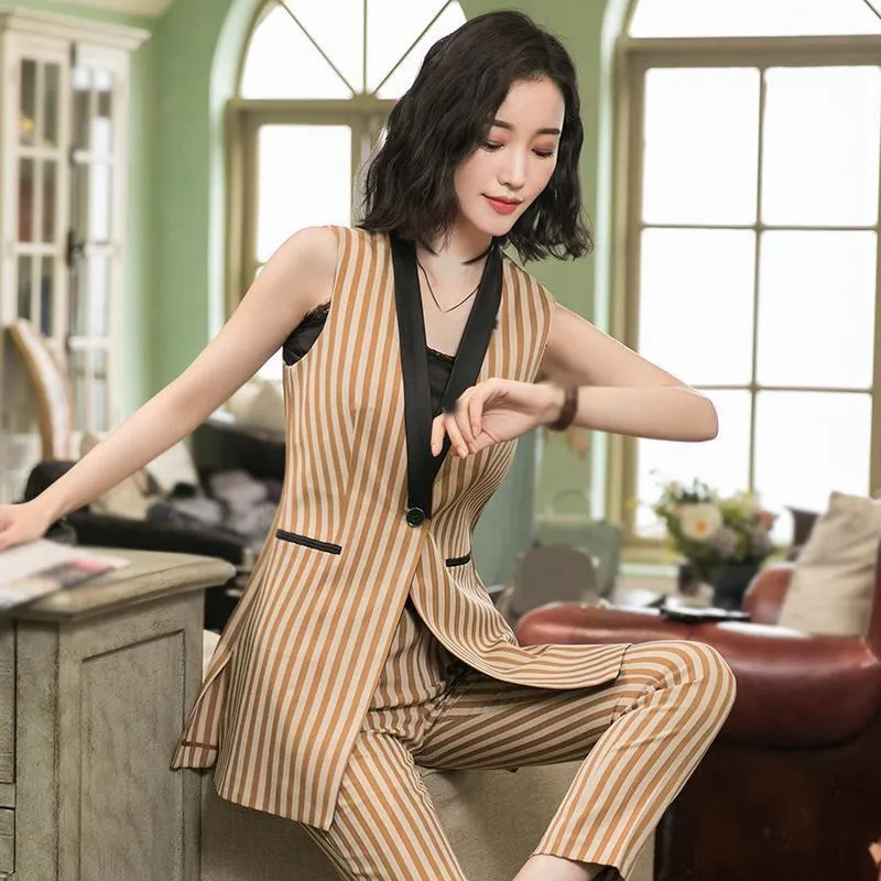 2 Piece Set Elegant Women Long Vest Suit Plus Size Casual Blazer Suit Sleeveless Striped Jacket Office Lady Blazer Trousers 5XL
