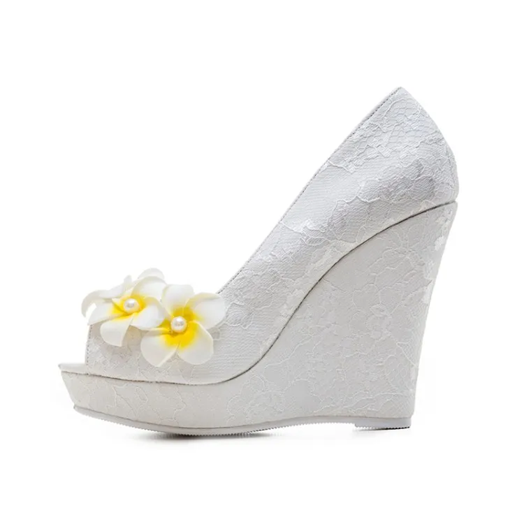 

Moraima Snc 2019 New Pure White Woman Wedding Summer Peep Toe Single Shoes Lace Design Small Yellow Flowers High Heels Wedges