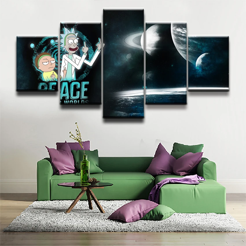

Wall Art Canvas Prints 5 Pieces Rick And Morty Poster Anime Science Fiction Comedy Pictures For Modern Kids Room Decor Framework