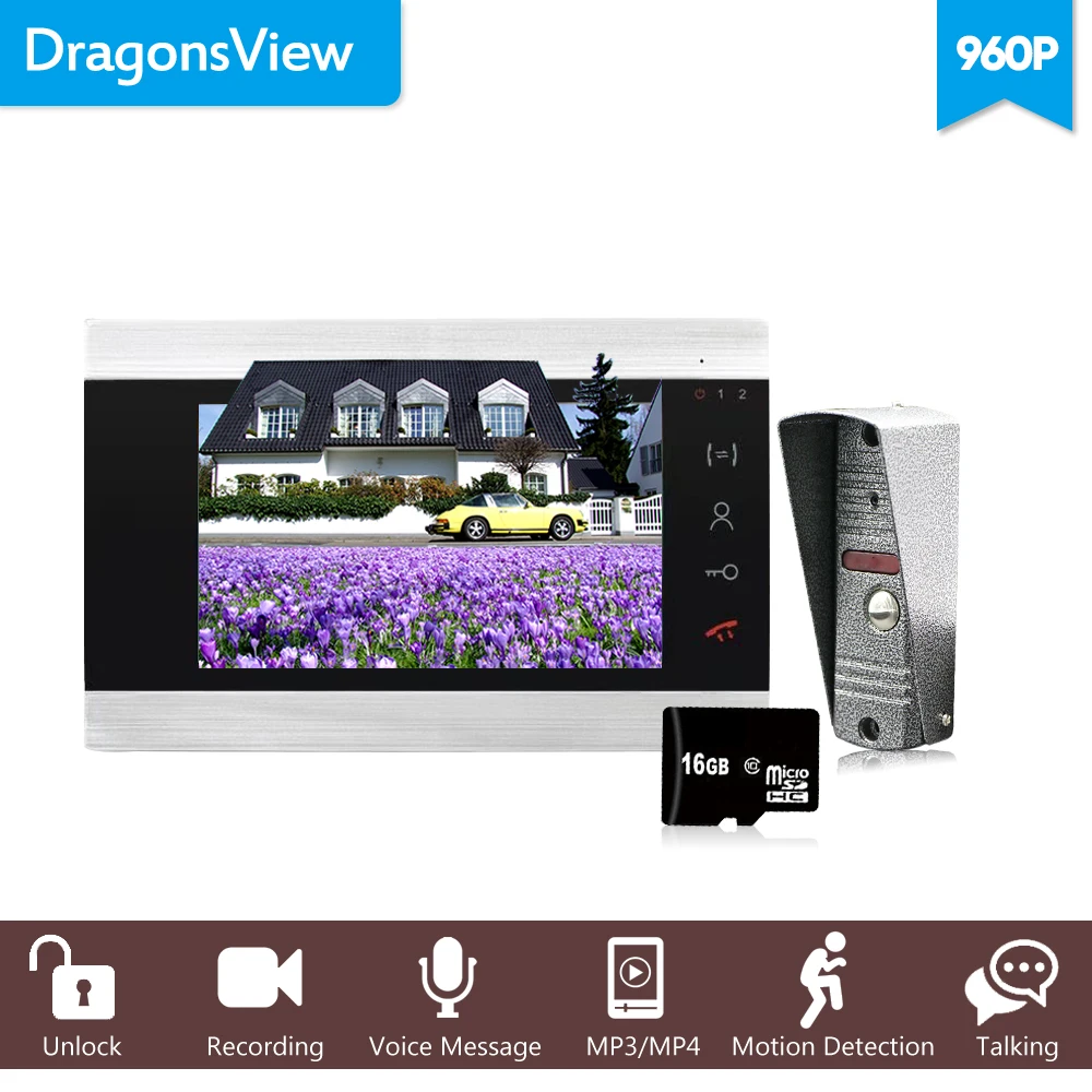 

Dragonsview Wired 960P 7" AHD Video Door Phone Video Intercom Doorbell System SD Card Supported Dual Way Talk Unlock Button