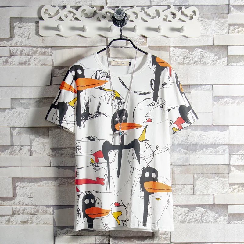 

Luogen Summer Top Street Hip-hop Shirt Doodling Personality Letter Printing Streetwear Short Sleeve T Shirt Men Male Bottoming
