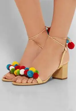 

Newest Style Women Colorful Pom Pom Decoration Sandals Ankle Lace Up 5cm Chunky Heel Party Shoes Open Toe White Black Red