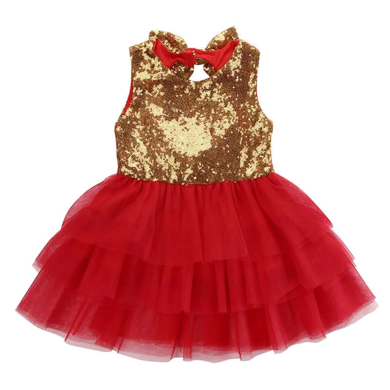 

Red Bowknot Cake Dress Party Mini Ball Gown Dress Fashion Baby Children Girls Dresses Clothes Sequins Backless Bow Gold Lace