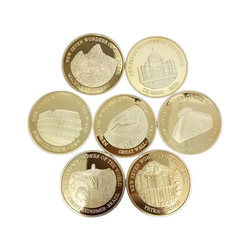 

New Seven Wonders Gold-Plated Iron Coin Collecting Gifts Coin Art Collection The Great Wall Christ The Redeemer Statue Pyramid