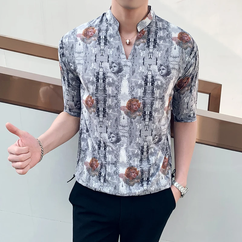 

2019 Summer Angel print Men Shirt Camisa Short Sleeve Casual Social Shirts Stand fashion V Neck Tops Tuxedo Shirt streetwear