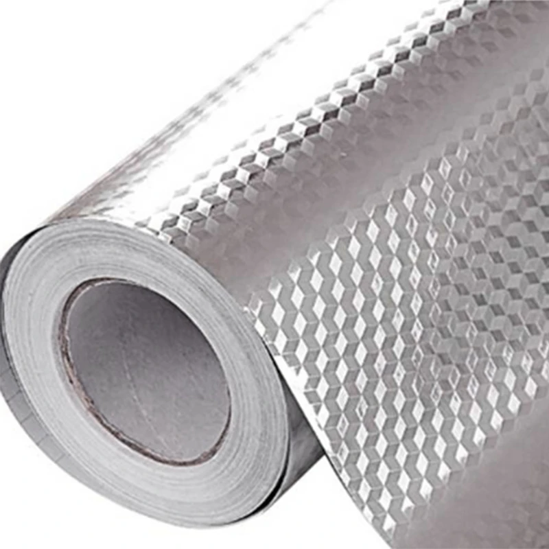 

5M 3D Cubic Grid Aluminum Oil Proof Sticker Kitchen Orange Peel Lines Foil Stove Cabinet Waterproof Adhesive Silver Vinyl Wall