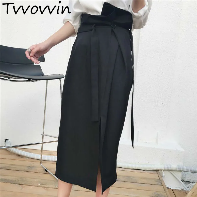 Women Skirt High Waist Lace Up Irregular Skirt Asymmetrical Split Sexy Skirt Long Black All Match Thin Ladies Skirts E279