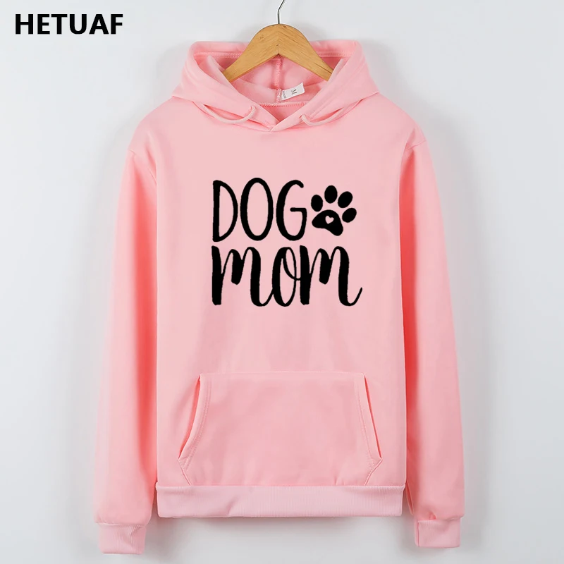 HETUAF Dog Mom Cute Hoodies Women Paw Heart Funny Women Sweatshirt Femme Fashion Print Pink